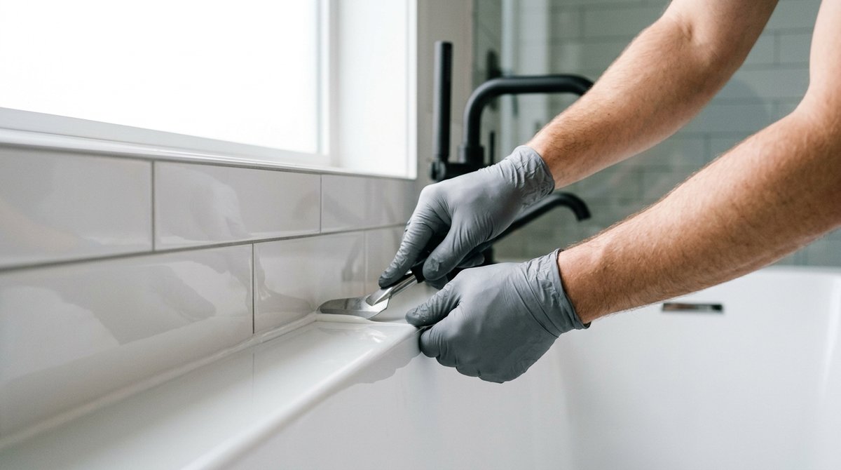 Gloved hands tooling a silicone bead where a bath meets the tiled wall