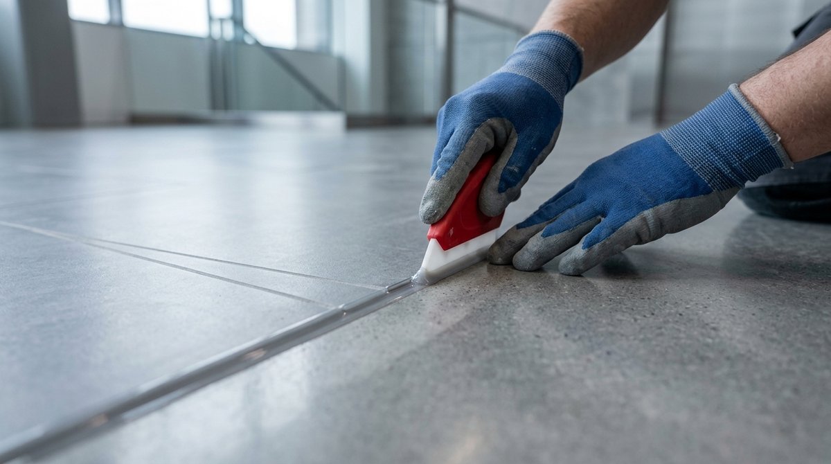 Tooling a sealant joint in a polished concrete floor with a hand squeegee