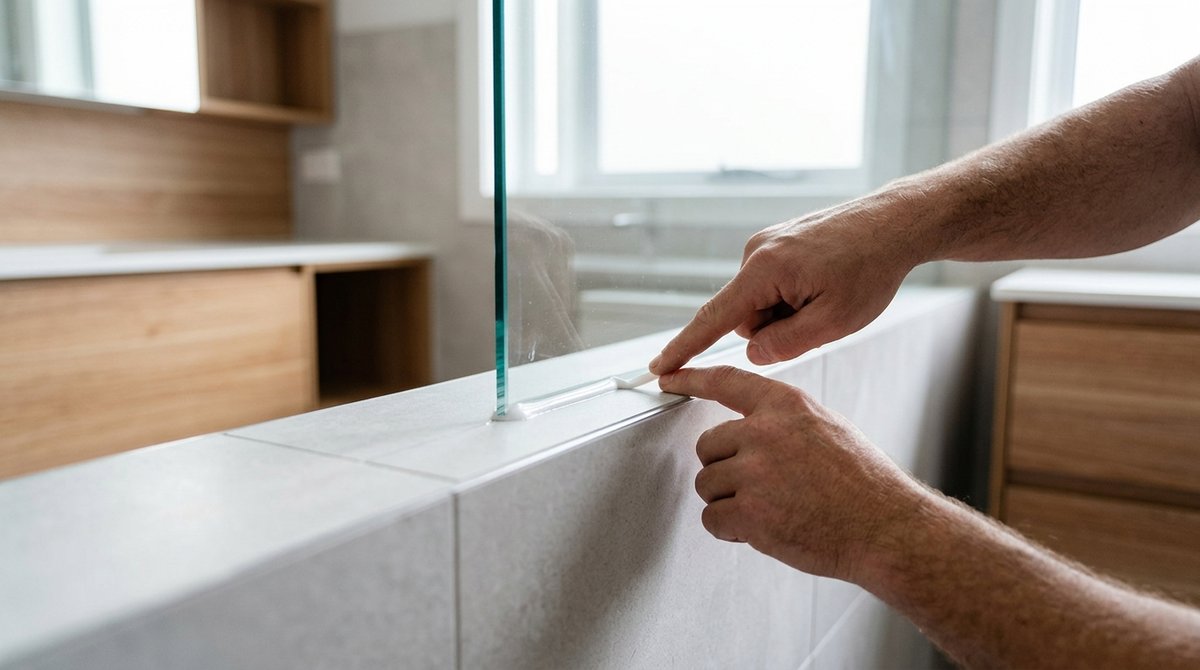 Sealing the base of a frameless glass shower screen against a tiled hob
