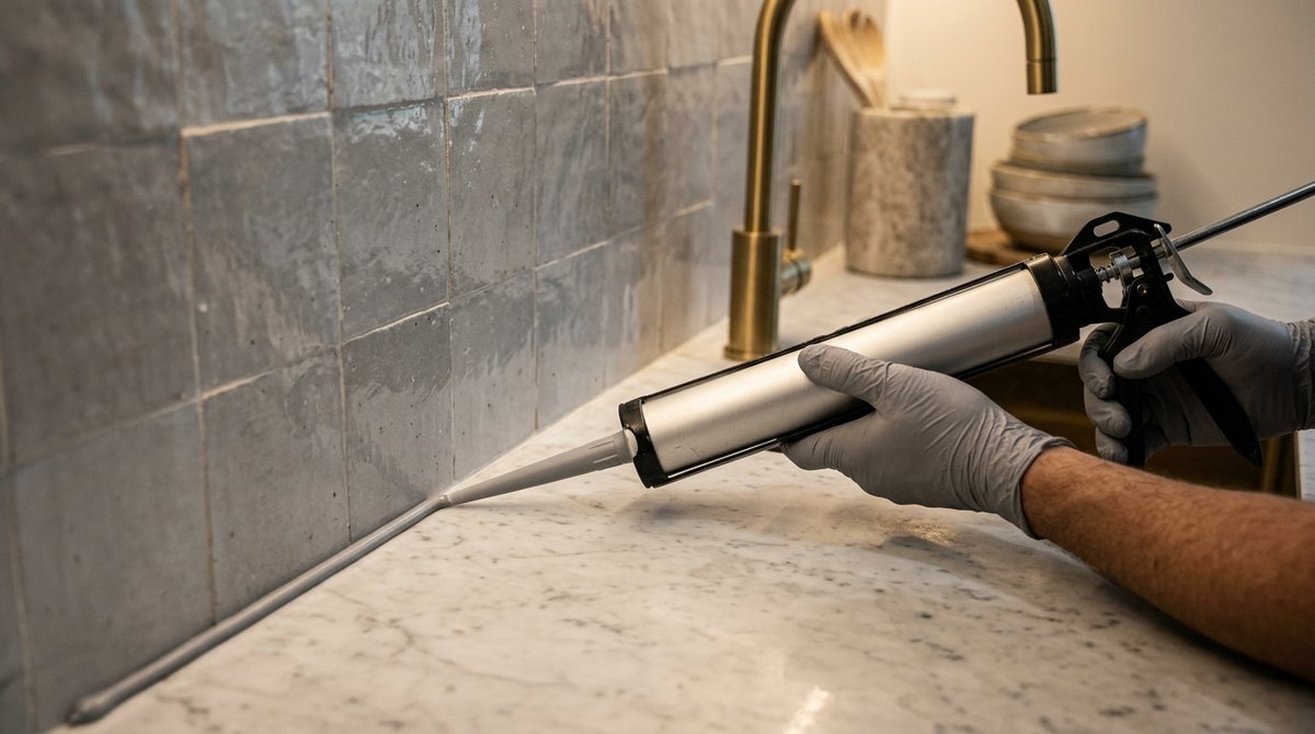 Silicone run from a caulking gun along the join between a stone benchtop and tiled splashback